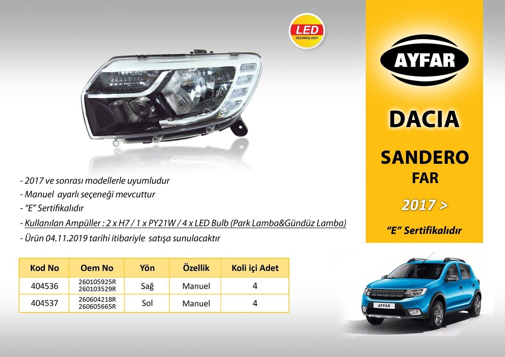 FAR SOL 404537 LOGAN MCV SANDERO (17->) (LEDLİ) MOTORSUZ