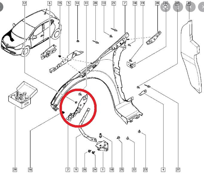 RENAULT CLIO- 4- HB- 16/20; ÖN ÇAMURLUK BAĞLANTI SUPORTU SAĞ (UÇ KISIM) (SAC) (EAGLE BODY) 620430255R