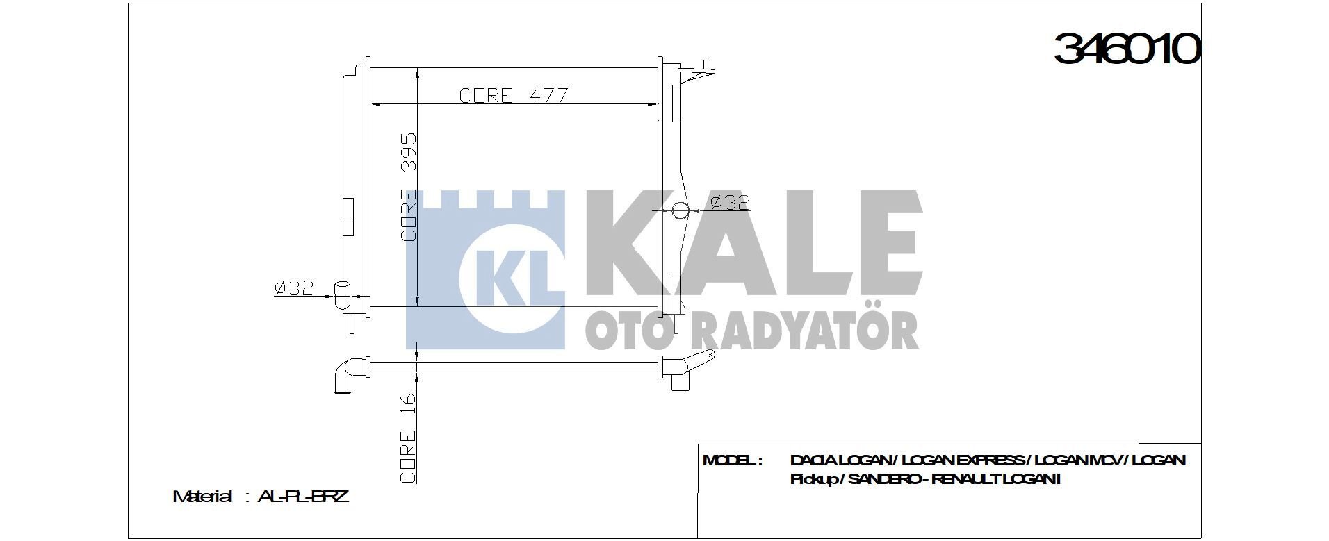 RADYATÖR 346010 LOGAN SANDER O-II 1.2 1.4 1.6 08-> (BRAZING)