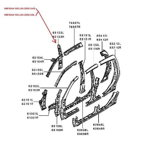 MITSUBISHI L200- PICK UP- 06/15; ORTA DİREK İÇ SACI SOL (İÇ KABİN TARAFI) (ÇİFT KABİN) (ORİJİNAL 5312A257T